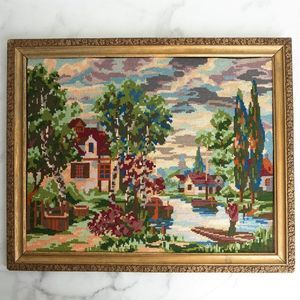 MOVING SALE! Vintage Pastoral Scene Needlepoint, Framed 21 x 17.25 in.